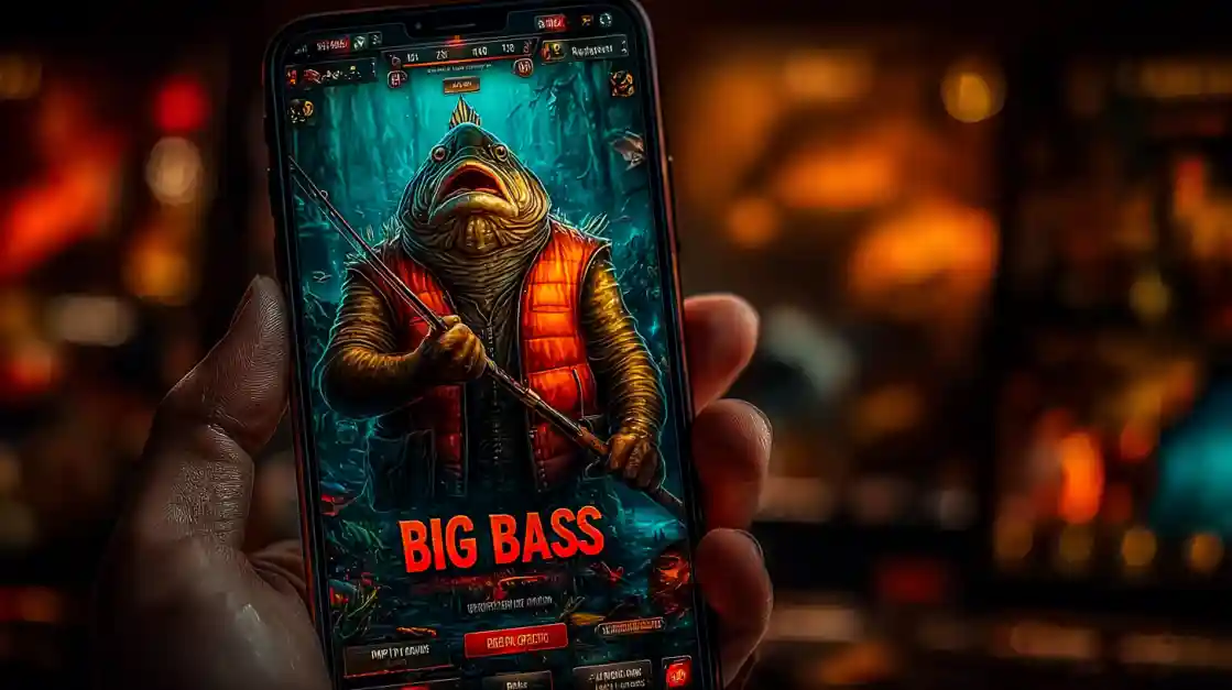 A close-up of a hand holding a smartphone showcasing a BIG BASS fishing game, featuring an anthropomorphic fish character, highlighting the engaging casual games on 2777bd.