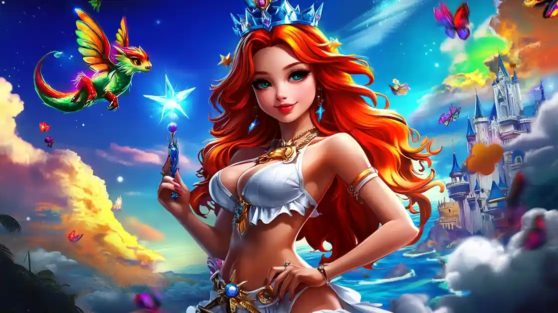 A vibrant fantasy scene featuring a beautiful princess with fiery red hair and a crown, holding a magic wand, with a small winged dragon and a fairytale castle in the background, embodying the magical world of 2777bd.