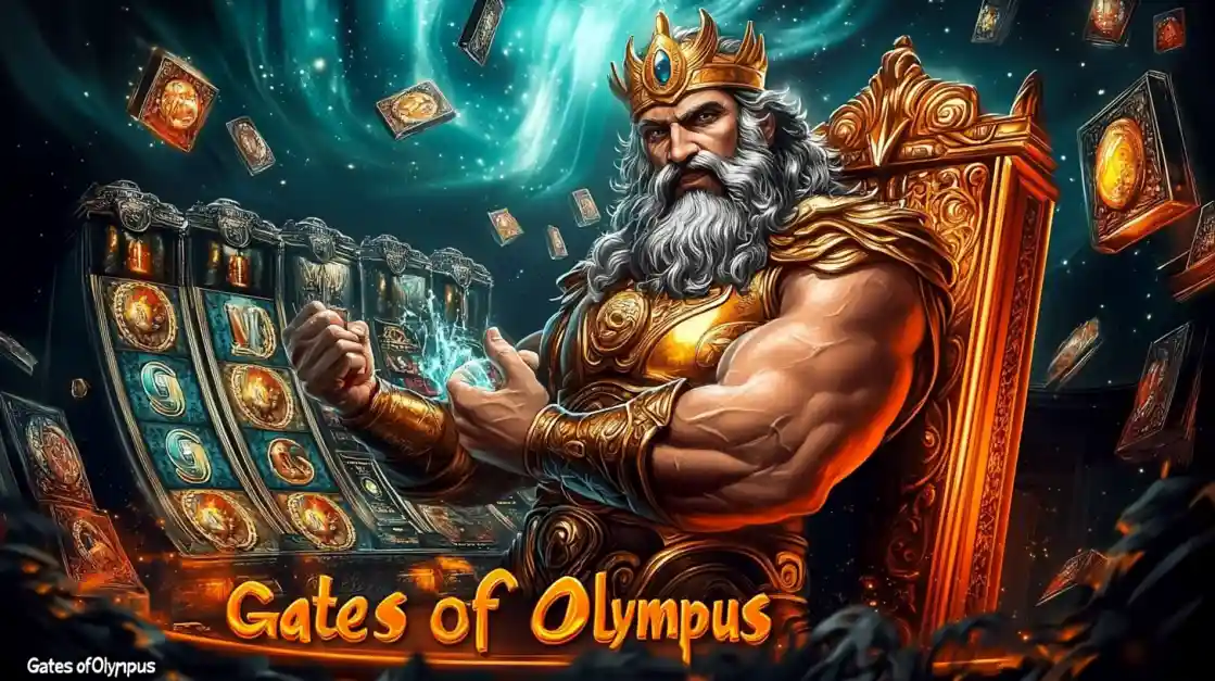 A majestic Zeus figure on a golden throne, surrounded by floating cards and a 2777bd slot machine, with Gates of Olympus prominently displayed, inviting players to a mythical gaming experience.
