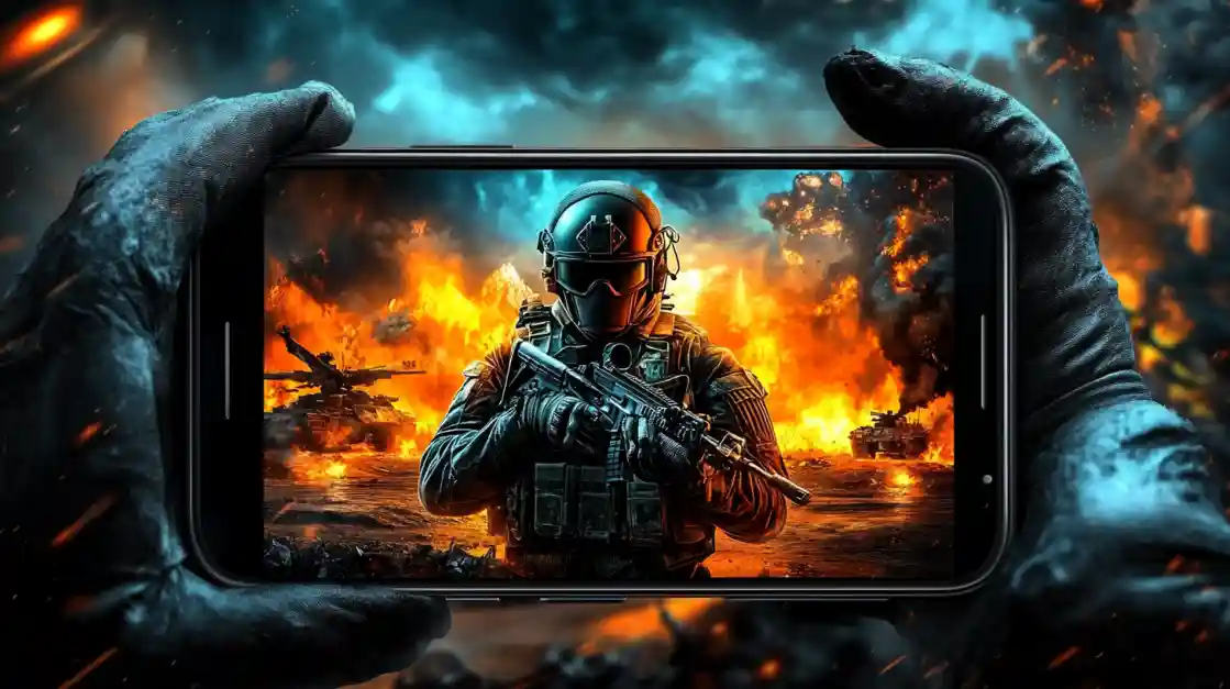 Hands holding a smartphone displaying an intense military shooter game with a soldier amidst explosions and tanks, showcasing the immersive action available on 2777bd.