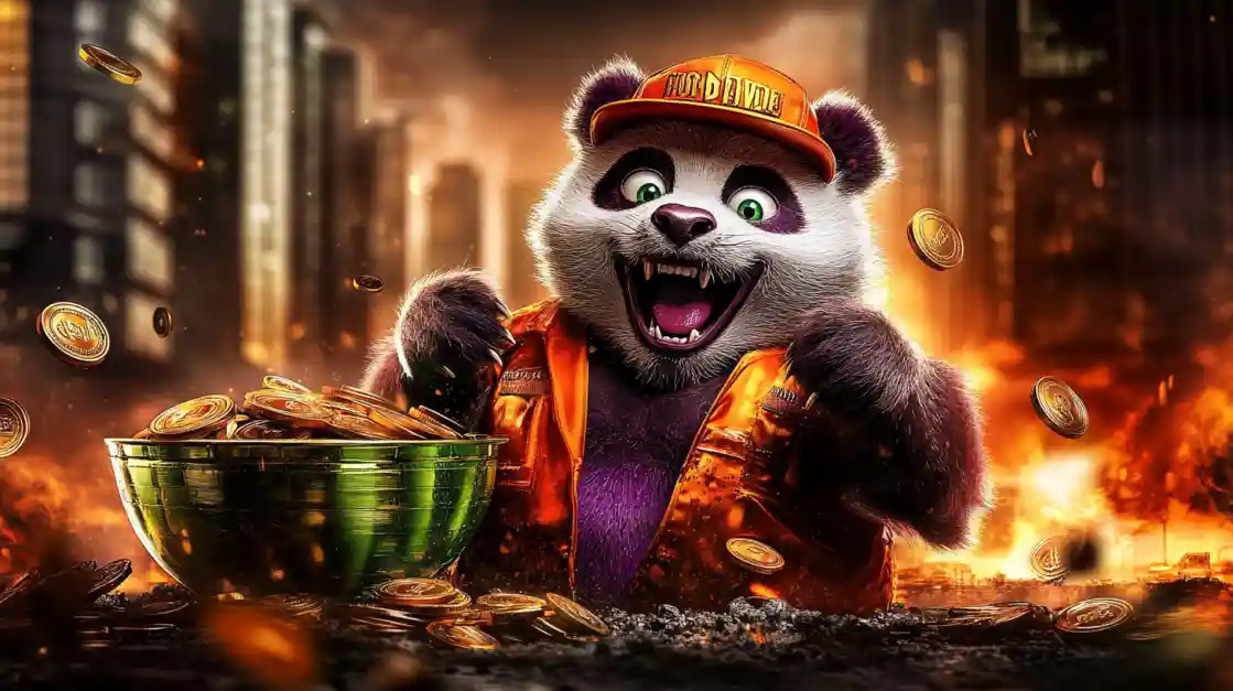 A cheerful panda character wearing an orange cap and jacket, surrounded by golden coins and a bowl of money, symbolizing wealth and good fortune with 2777bd.