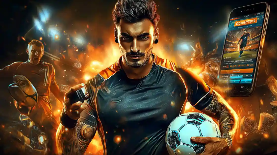 An intense male soccer player with tattoos holds a football, looking confidently at the camera with a 2777bd sports betting app on a phone beside him, all set against a fiery action background.
