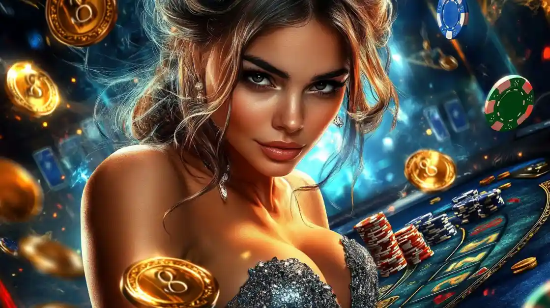 A beautiful woman in a glittering dress gives a captivating look while at a 2777bd casino table, surrounded by floating gold coins, casino chips, and a roulette wheel.