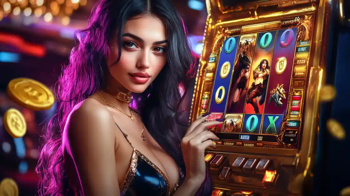 স্লট মেশিনের পাশে দাঁড়ানো একজন খেলোয়াড়।