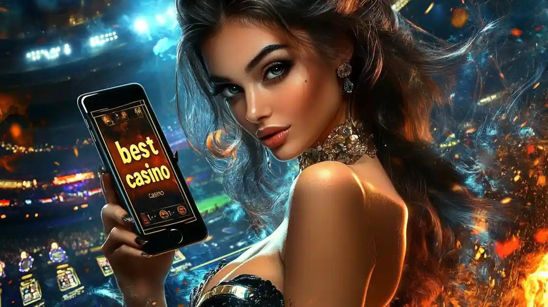 An alluring woman holds a smartphone with the best casino app from 2777bd glowing on the screen, set against the backdrop of a brightly lit stadium and ambient flames.