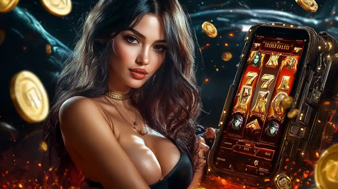 A beautiful woman in a black top looks confidently at the viewer while holding a smartphone displaying a 2777bd mobile slot game with 777 symbols and golden coins.