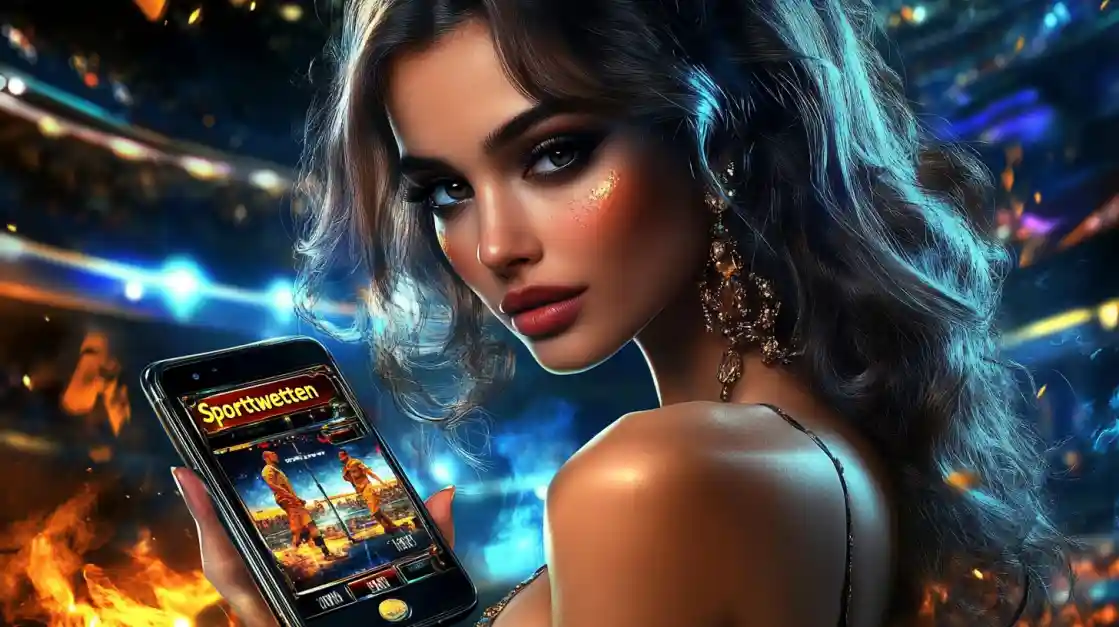A glamorous woman with elegant makeup looks over her shoulder, holding a smartphone displaying the 2777bd sports betting app against a vibrant stadium backdrop with fire effects.